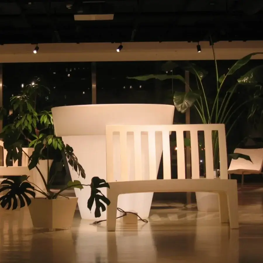 Distinguished Serralunga Romeo bench crafted in recyclable linear low-density polyethylene with a smooth matte light beige finish