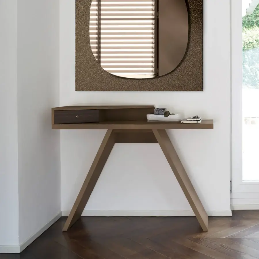 Distinguished Ivano Antonello Italia Mirta console crafted in wood with a satin finish and medium-toned brown color accented by a darker drawer front