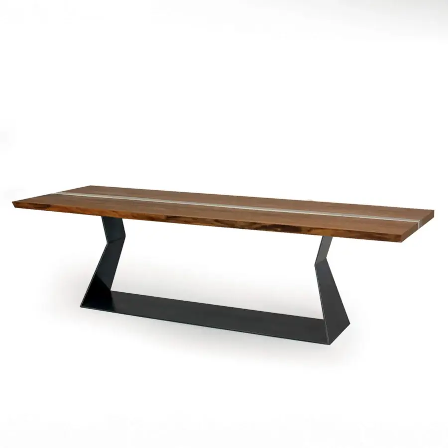 Exceptional Riva 1920 Bedrock Plank C table with walnut and translucent resin highlighting organic live edges in a matte black iron base