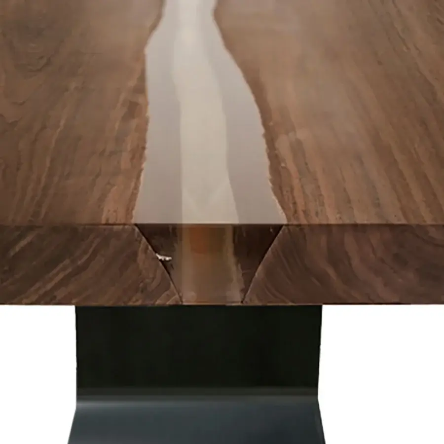 Distinguished Riva 1920 Bedrock Plank C table with walnut planks and translucent resin, showcasing a satin finish
