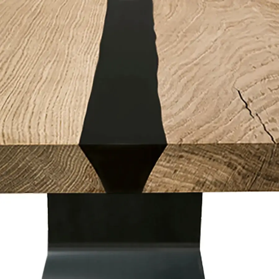 Exceptional Riva 1920 Bedrock Plank C table crafted with walnut planks and a translucent resin river in a sleek iron base