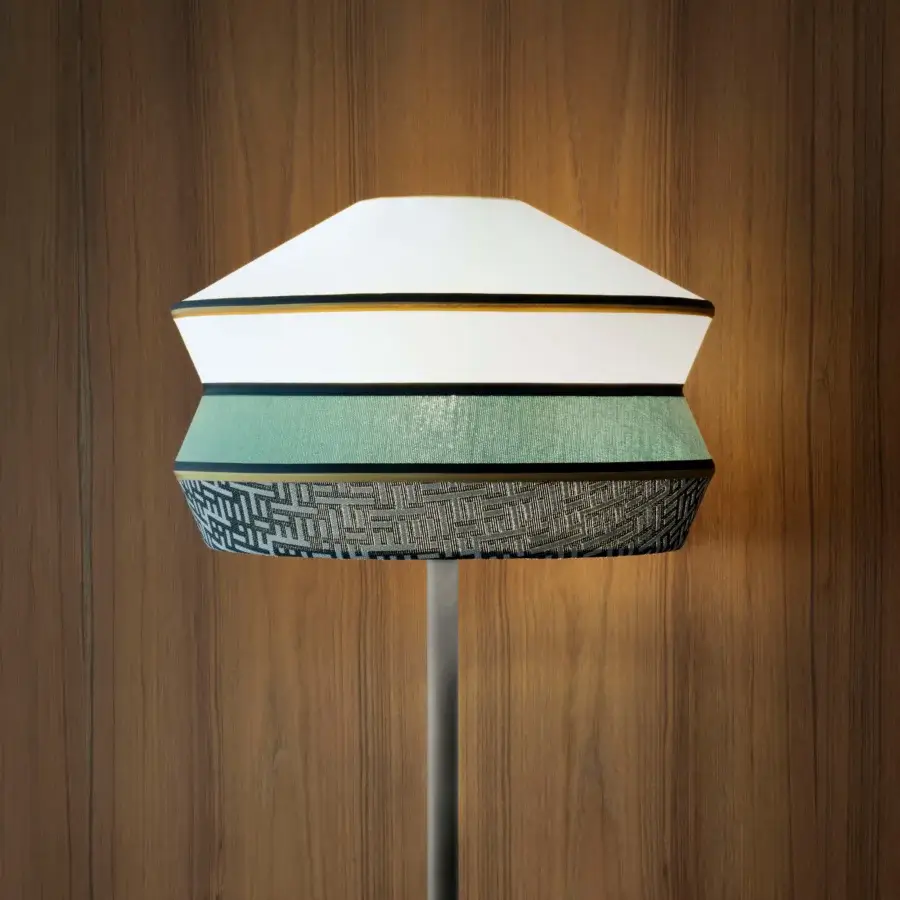 Superior Contardi Calypso floor lamp with translucent white, dark green and woven textile tiers crafted in metallic and marble materials