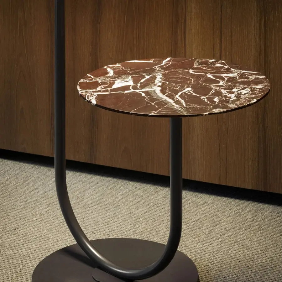 Elegant Contardi Calypso floor lamp with a dark grey metallic stem and reddish-brown marble side table crafted in Italy
