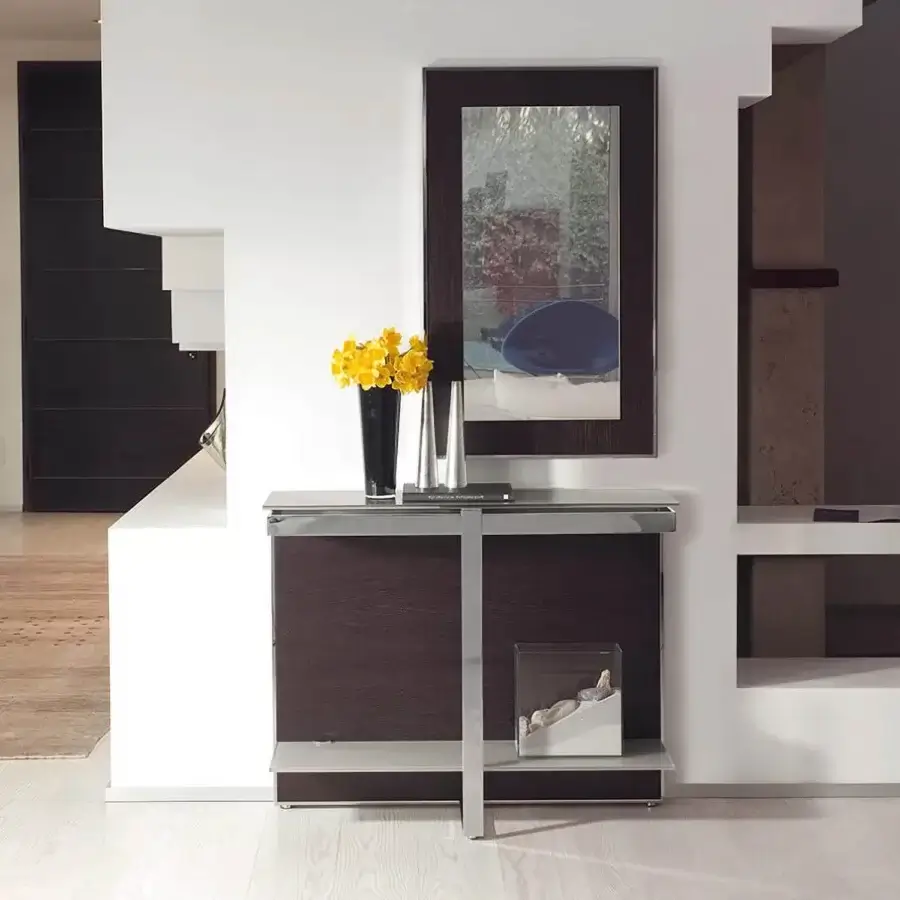 Superior Ivano Antonello Italia Manta console crafted with dark wood, steel, rotating metal drawers and tempered glass shelves