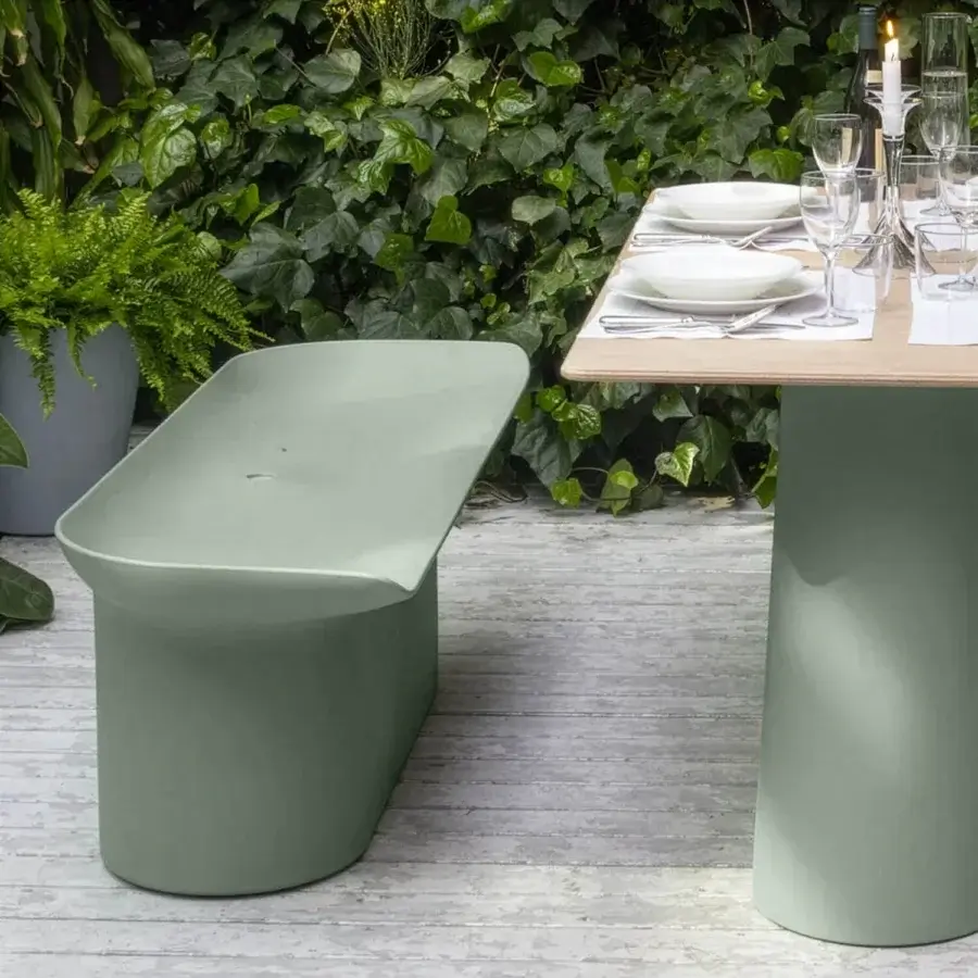 Superior Serralunga Luba bench crafted in sage green LLDPE plastic with a suede-like finish