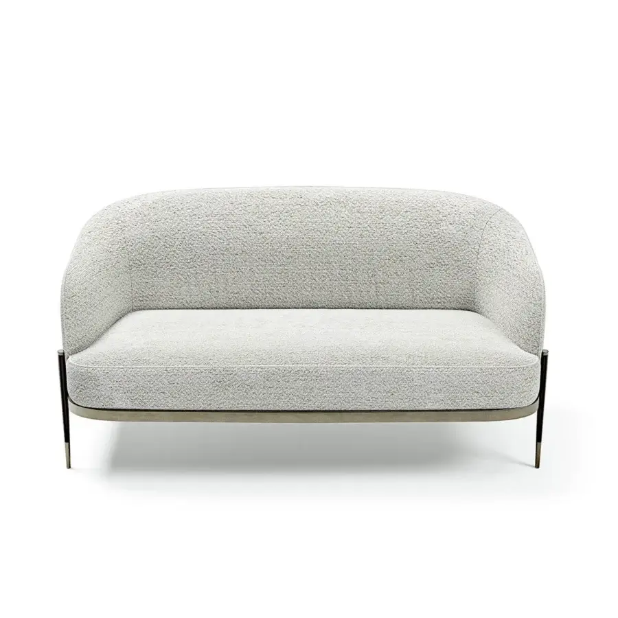 Distinguished Capital Oxford sofa upholstered in subtly textured light gray textile with dark satin metal legs