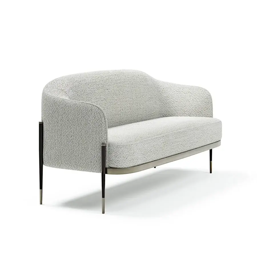 Elegant Capital Oxford sofa upholstered in pale gray textured textile with quilted leather backrest and satin-finish dark metal legs