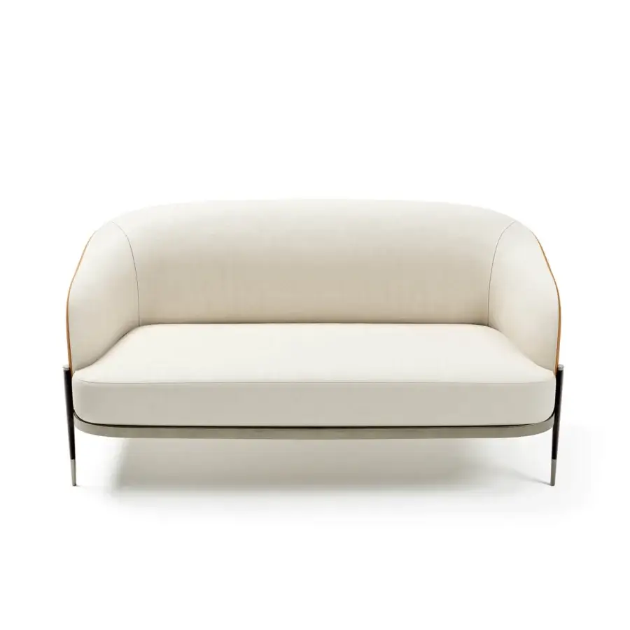 Superior Capital Oxford sofa upholstered in light beige textile with quilted leather detailing and warm bronze accents