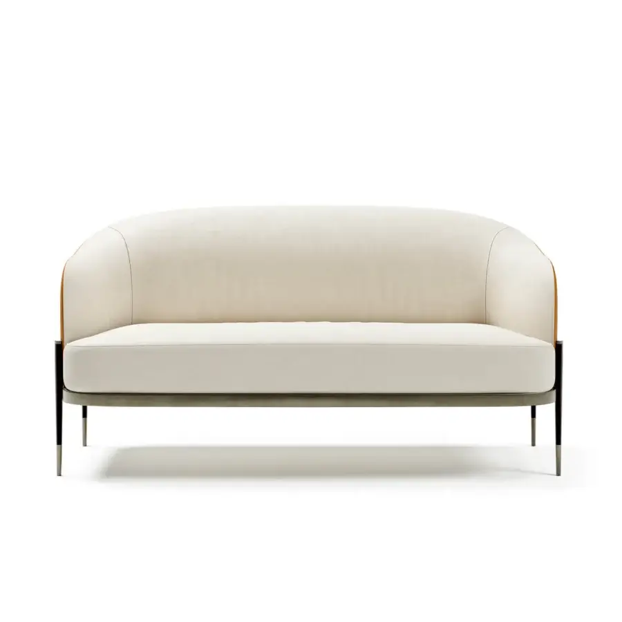 Refined Capital Oxford sofa upholstered in neutral beige woven fabric with quilted leather backrest and tapered metal legs