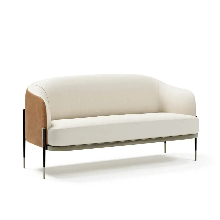 Exceptional Capital Oxford sofa upholstered in textured neutral beige textile with quilted leather detailing and satin metal legs