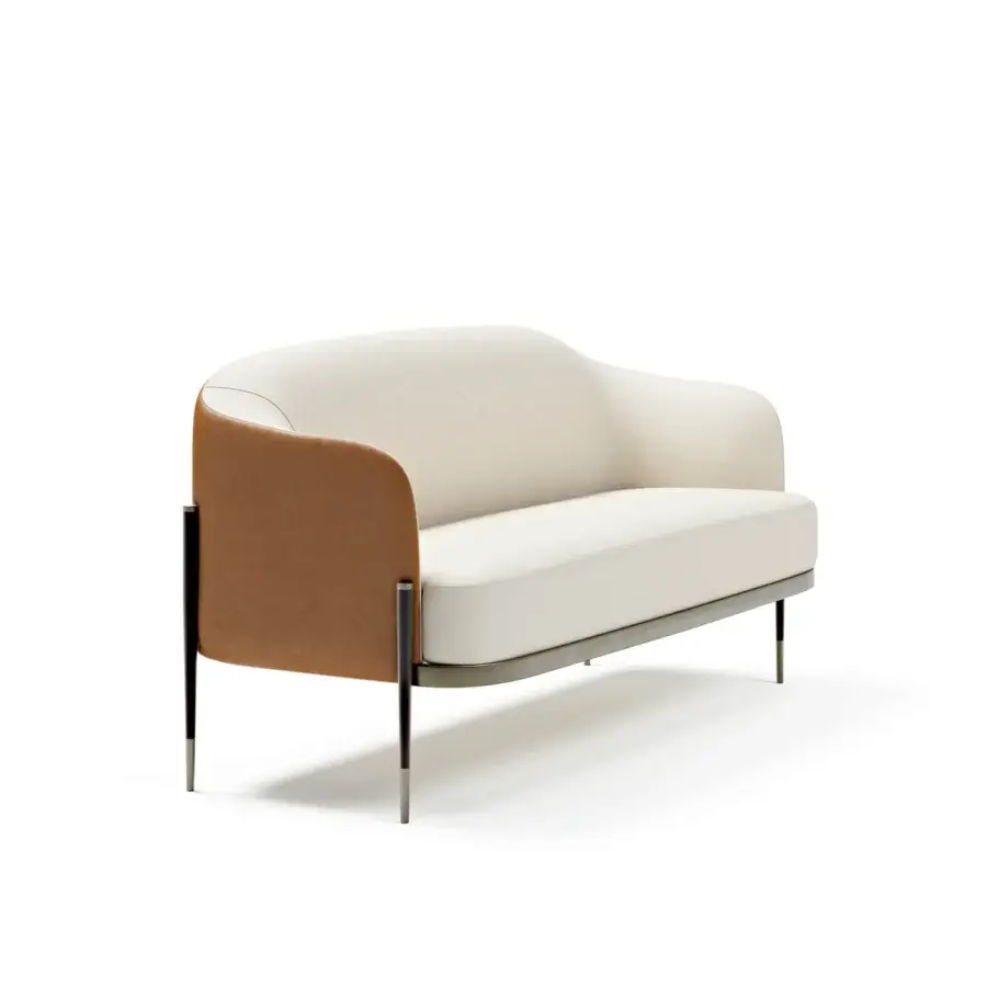 Distinguished Capital Oxford sofa crafted in light beige textile with quilted brown leather outer backrests and sleek dark metal legs