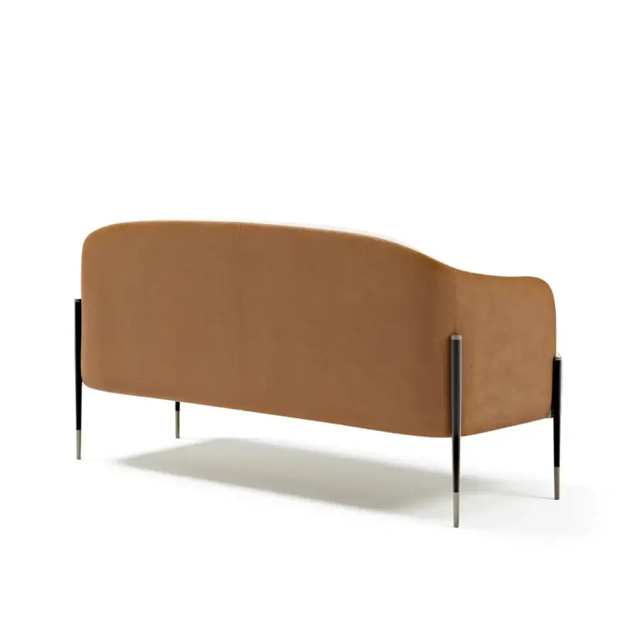 Superior Capital Oxford sofa upholstered in warm brown woven fabric with quilted leather detail and blackened metal legs