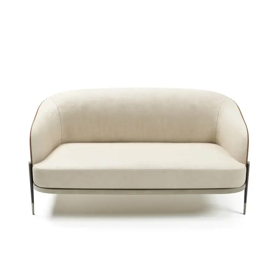 Distinguished Capital Oxford sofa crafted in light beige textile with quilted leather and metal legs