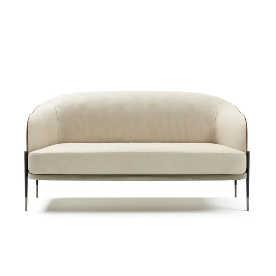 Elegant Capital Oxford sofa built in smooth light beige textile with quilted leather detailing and sleek metal legs