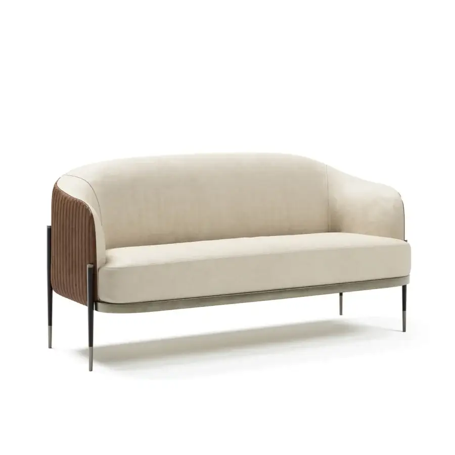 Distinguished Capital Oxford sofa built in smooth light beige fabric with quilted leather outer backrest and dark metal legs