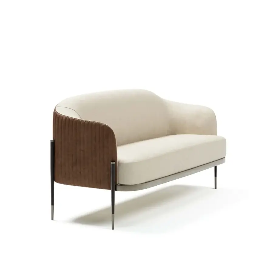 Sophisticated Capital Oxford sofa built with light beige textile and dark brown ribbed fabric on a satin-finish metal frame crafted in Italy