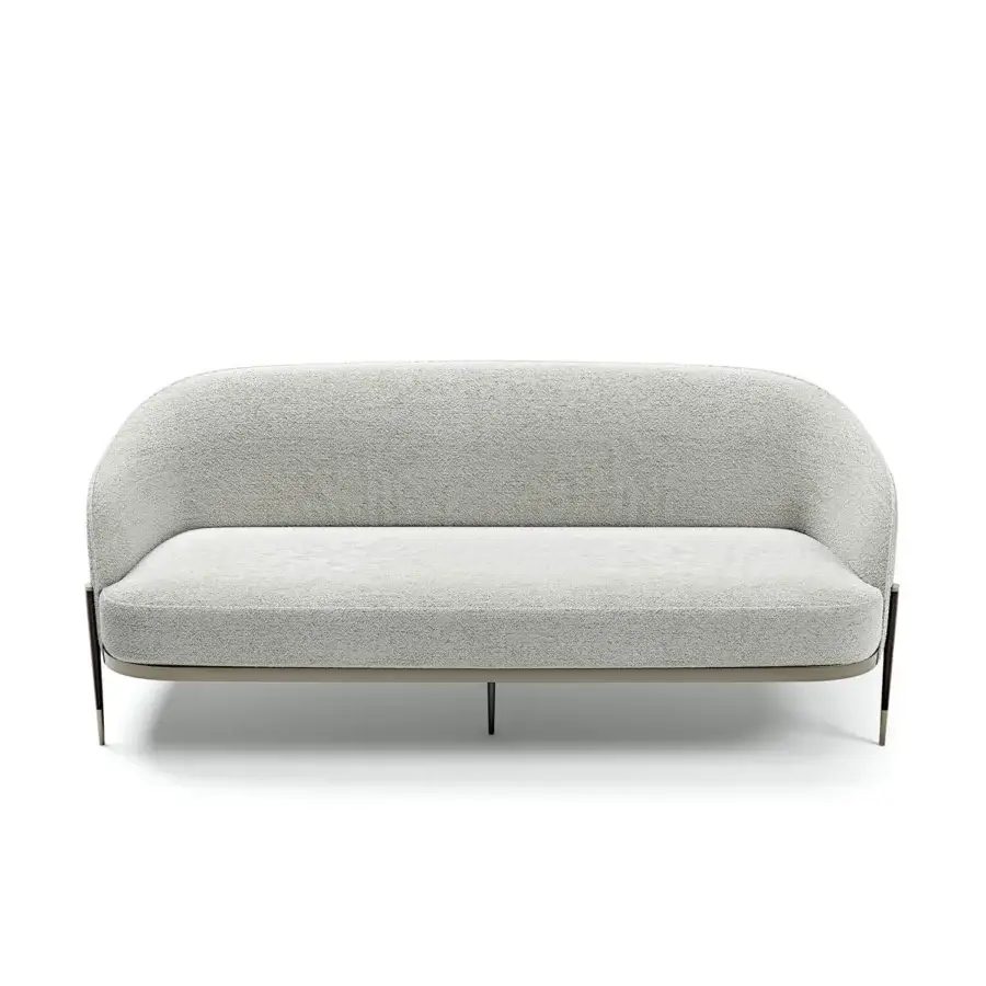 Exceptional Capital Oxford sofa built with textured light gray textile, quilted leather backrest and satin-finish metal base
