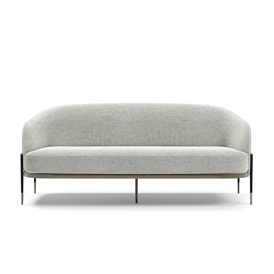 Elegant Capital Oxford sofa built with light neutral textured textile, dark metal frame and quilted leather backrest