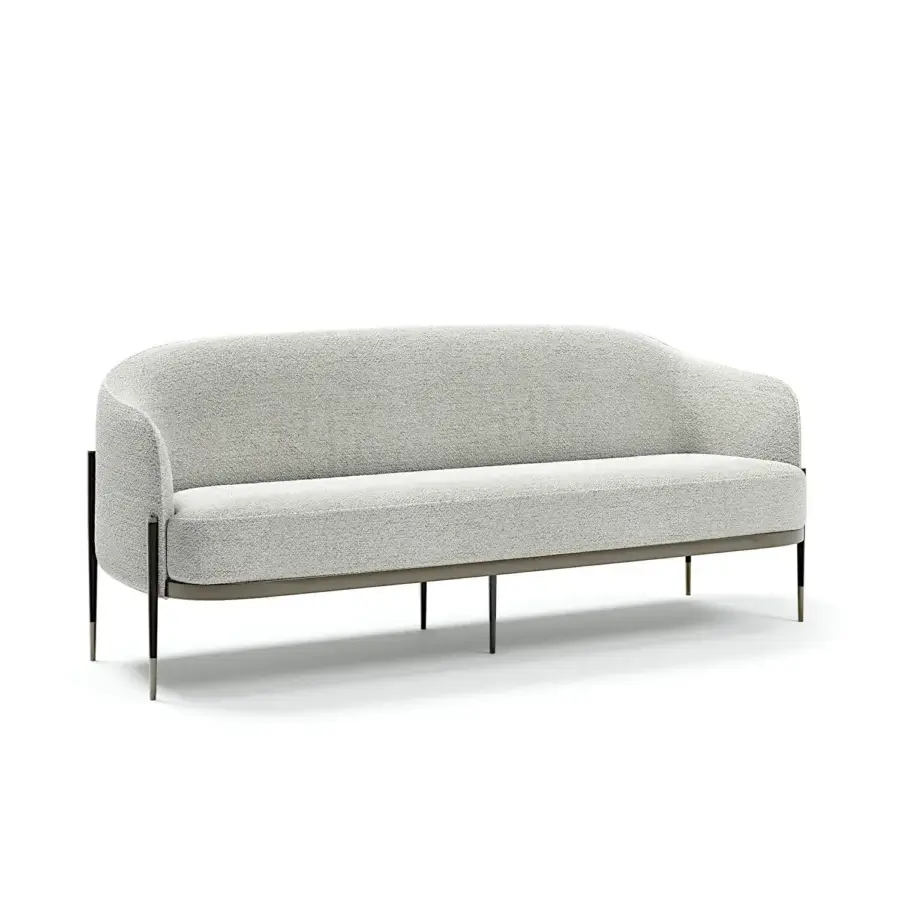 Distinguished Capital Oxford sofa built with light neutral bouclé textile, a matte finish and slender dark metal legs