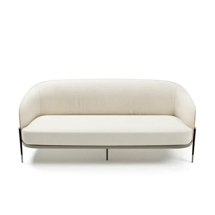 Exceptional Capital Oxford sofa built with light beige textile upholstery, quilted leather backrest and muted gold-tone metal frame