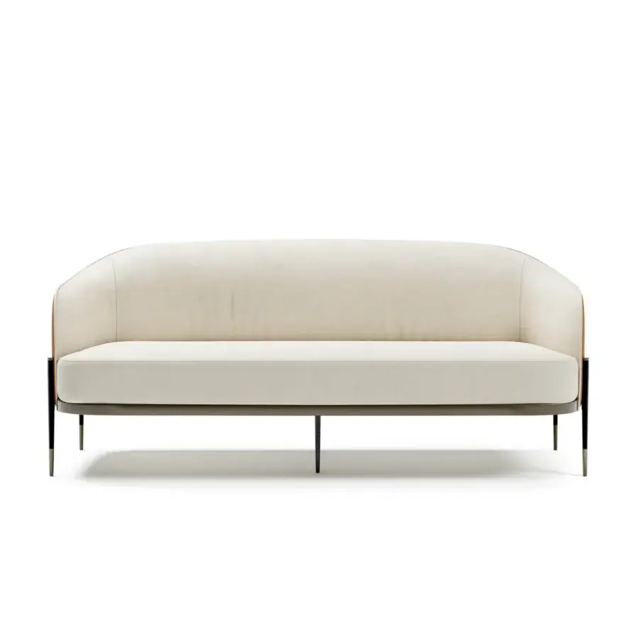 Distinguished Capital Oxford sofa crafted with light beige fabric upholstery and a muted bronze metal base