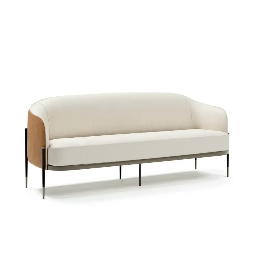 Sophisticated Capital Oxford sofa built with warm brown wood accents, off-white textile upholstery and quilted leather backrest