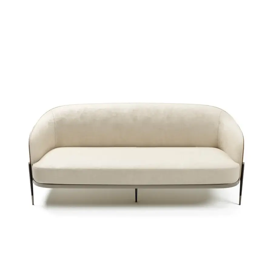 Distinguished Capital Oxford sofa with neutral beige textile upholstery, subtly textured matte finish and sleek dark metal legs