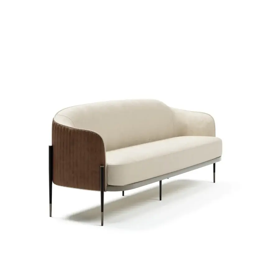 Exceptional Capital Oxford sofa with light beige fabric upholstery, quilted leather panels and dark wood accents