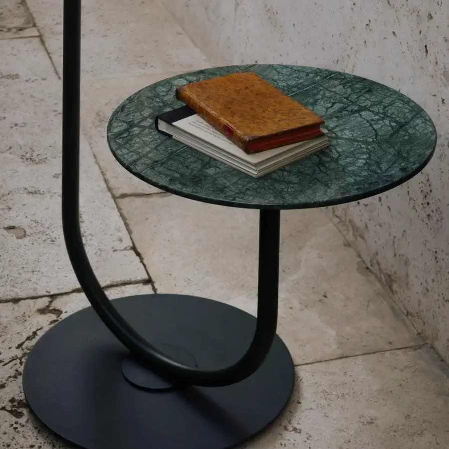 Superior Contardi Calypso Outdoor Floor Lamp with matte black metal and marble side table in a Sahara colorway