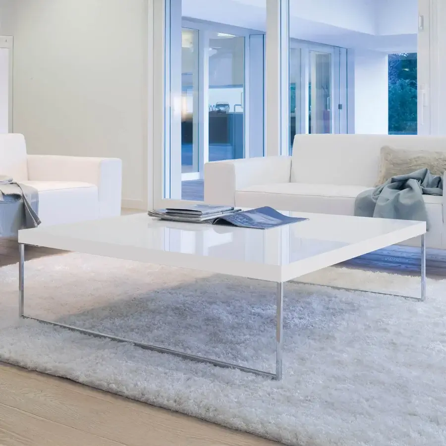Refined Ivano Antonello Italia web coffee table with glossy white lacquered wood and bright chromed steel frame