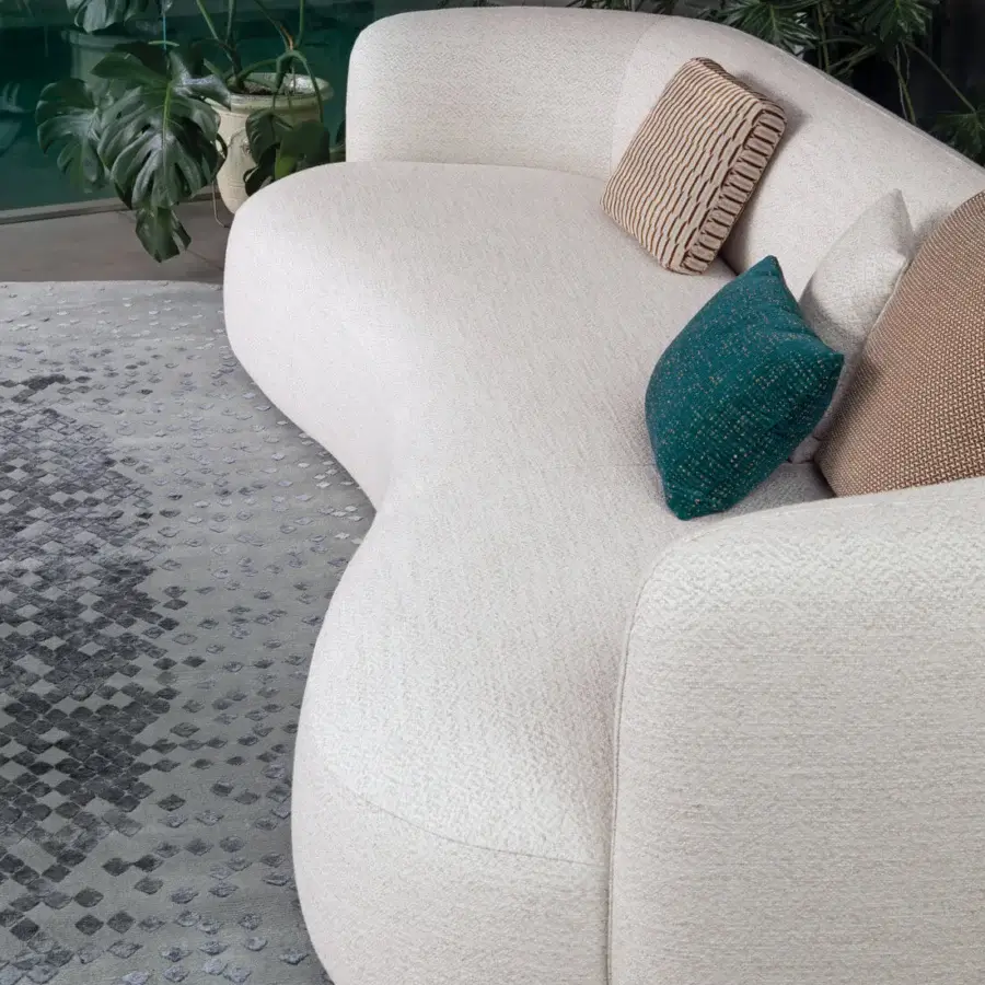 Distinguished Capital Cloud sofa upholstered in textured off-white bouclé weave with a solid wooden frame