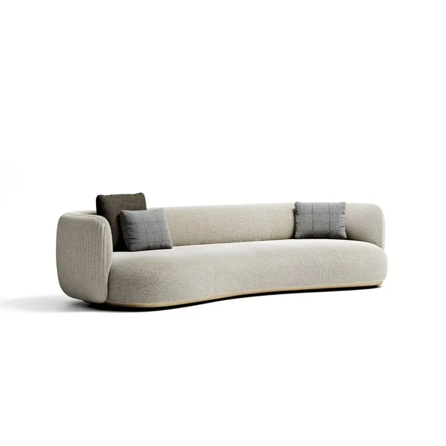 Distinguished Capital Cloud sofa upholstered in comfortable light beige fabric with patterned gray and black cushions and a solid wooden frame