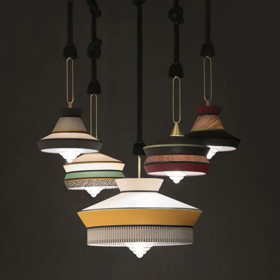 Exquisite Contardi Calypso suspension lamp crafted in cream, beige and ochre with a brass finish and green silk braided cord