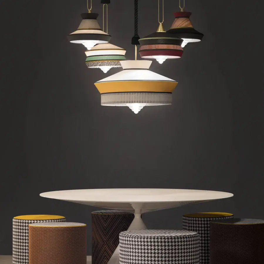 Luxury Contardi Calypso suspension lamp crafted in vibrant colors with a green silk braided cord and stacked disc-like shades