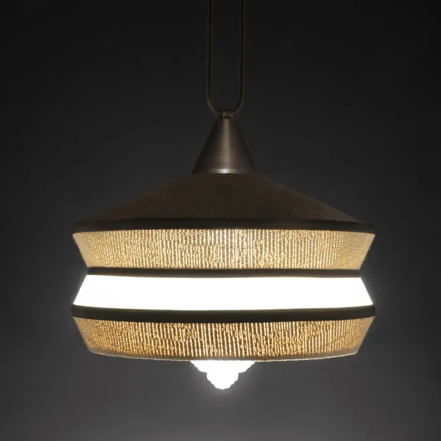 Distinguished Contardi Calypso suspension lamp crafted in tiered shades with a dark matte metal frame emitting a warm golden glow