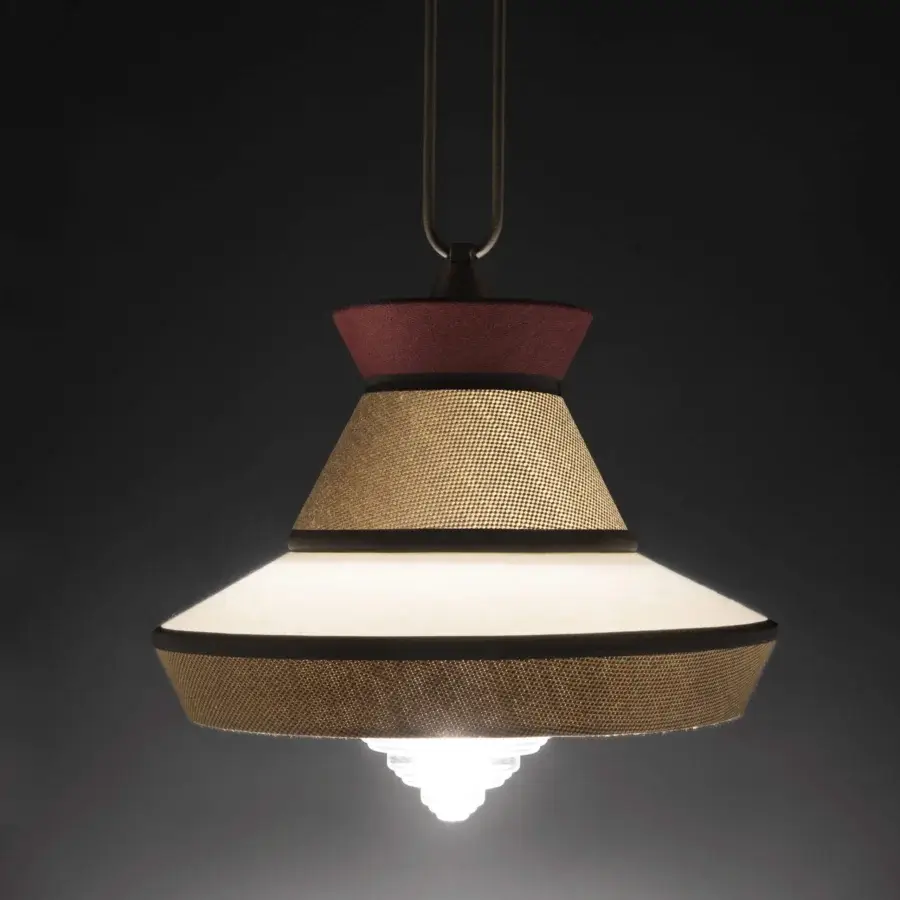 Exquisite Contardi Calypso suspension lamp crafted in tiered pale beige glass with golden bands and satin dark bronze accents