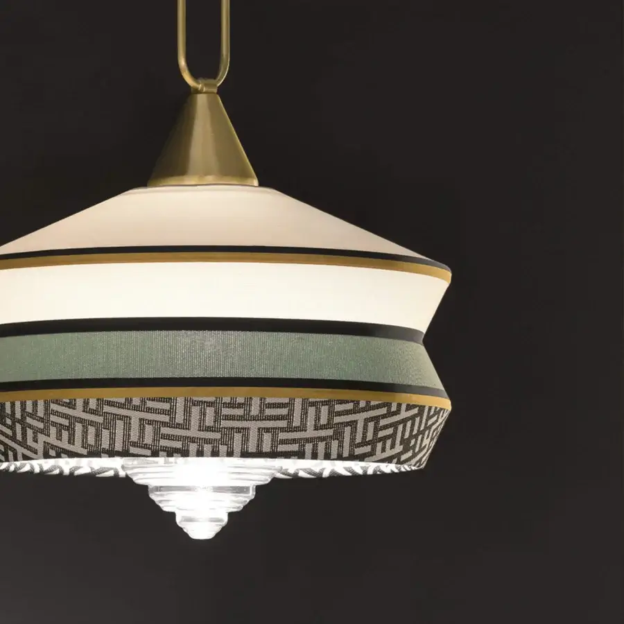 Elegant Contardi Calypso suspension lamp crafted in tiered translucent glass with a muted green silk braided cord and dark border