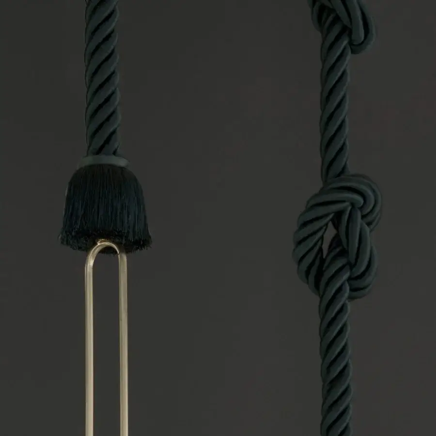 Superior Contardi Calypso suspension lamp with a dark green silk braided cord and polished metal accents, exhibiting a matte finish