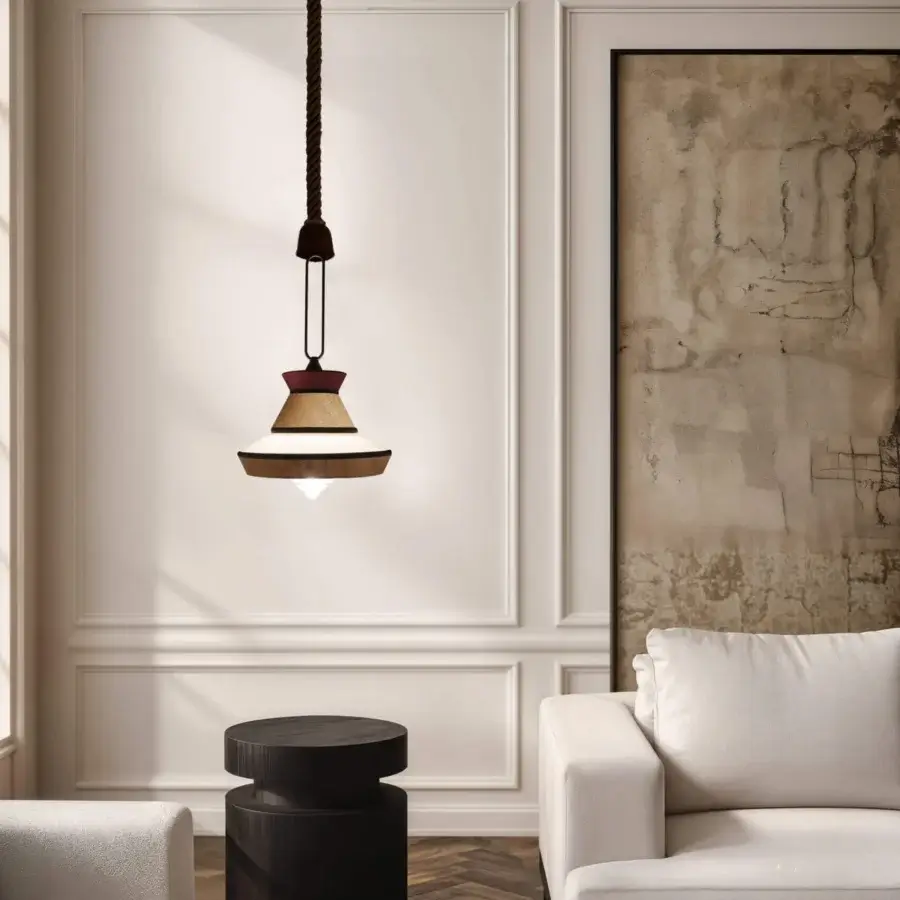 Exceptional Contardi Calypso suspension lamp crafted in Italy with golden-brown wood and dark brown braided silk cord