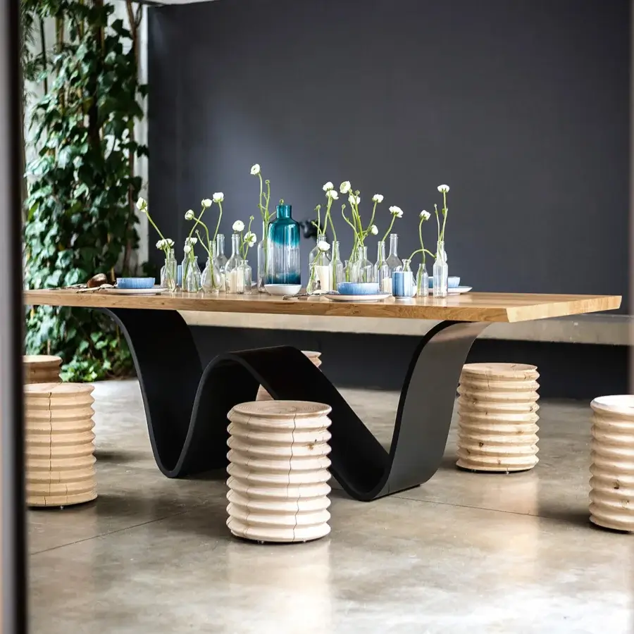 Superior Riva 1920 Bree e Onda table with warm brown visibly grained wood and dark gray matte sculptural metal base