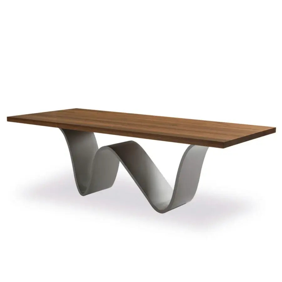 Captivating Riva 1920 Bree e Onda table with a solid wood, edge-glued stave tabletop and sculptural matte gray metal base finished with a satin sheen