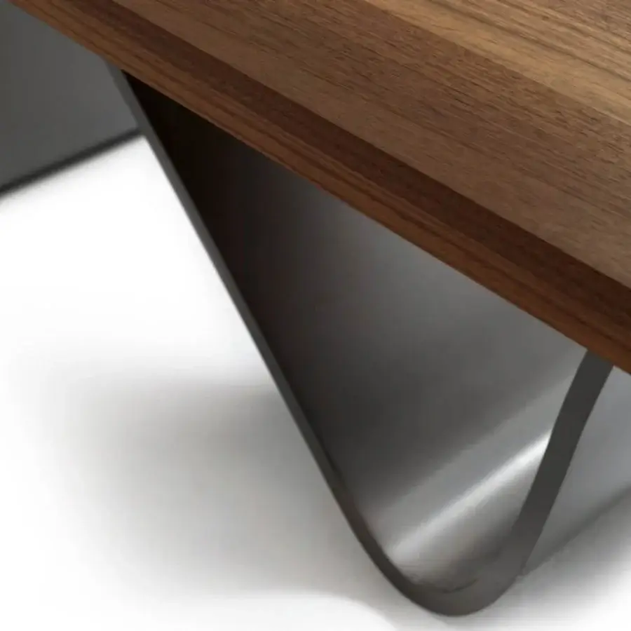 Distinguished Riva 1920 Bree e Onda table with a warm medium-brown wood top and dark gray matte metal base crafted for a contemporary aesthetic