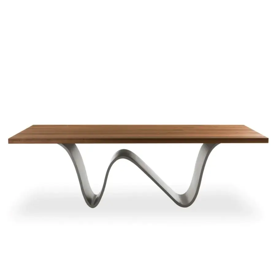 Exceptional Riva 1920 Bree e Onda table crafted with solid wood and a silver-grey sculptural metal base in a satin finish