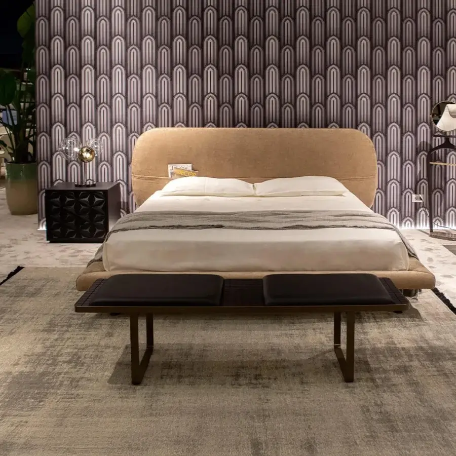 Distinguished Tonin Casa All Star Night bedside table crafted in wood with warm beige textile and angled legs with a matte finish