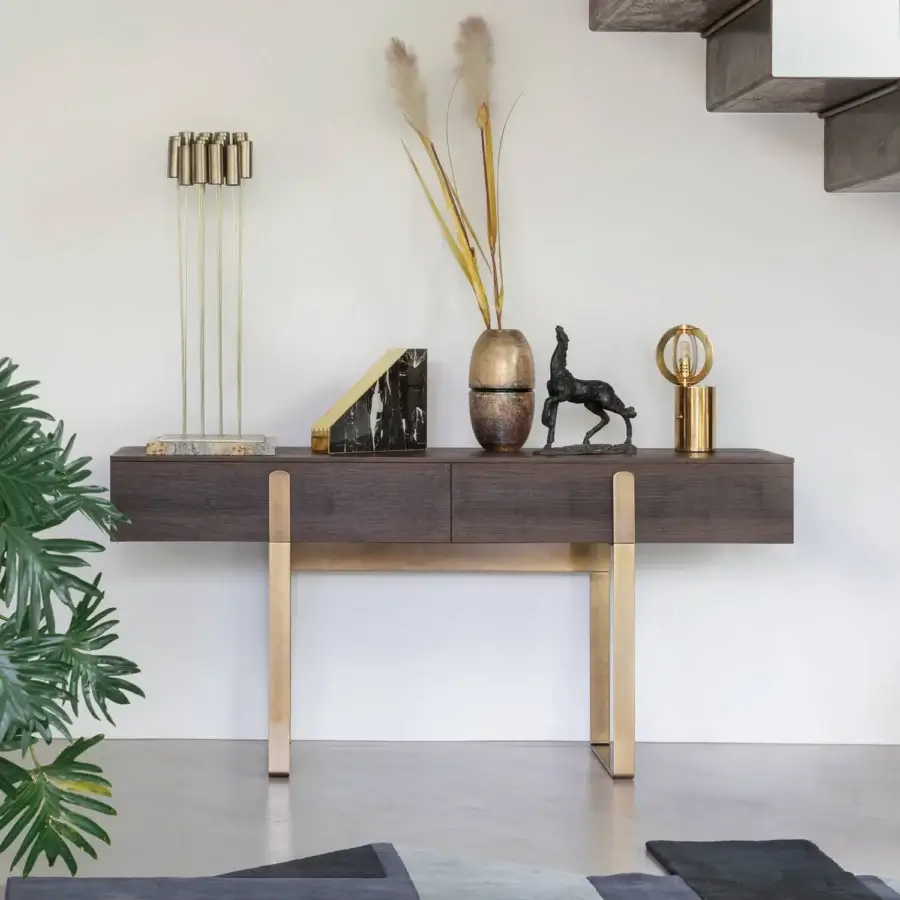 Superior Capital Grand console crafted in dark brown solid wood with satin finish and golden-toned metal legs