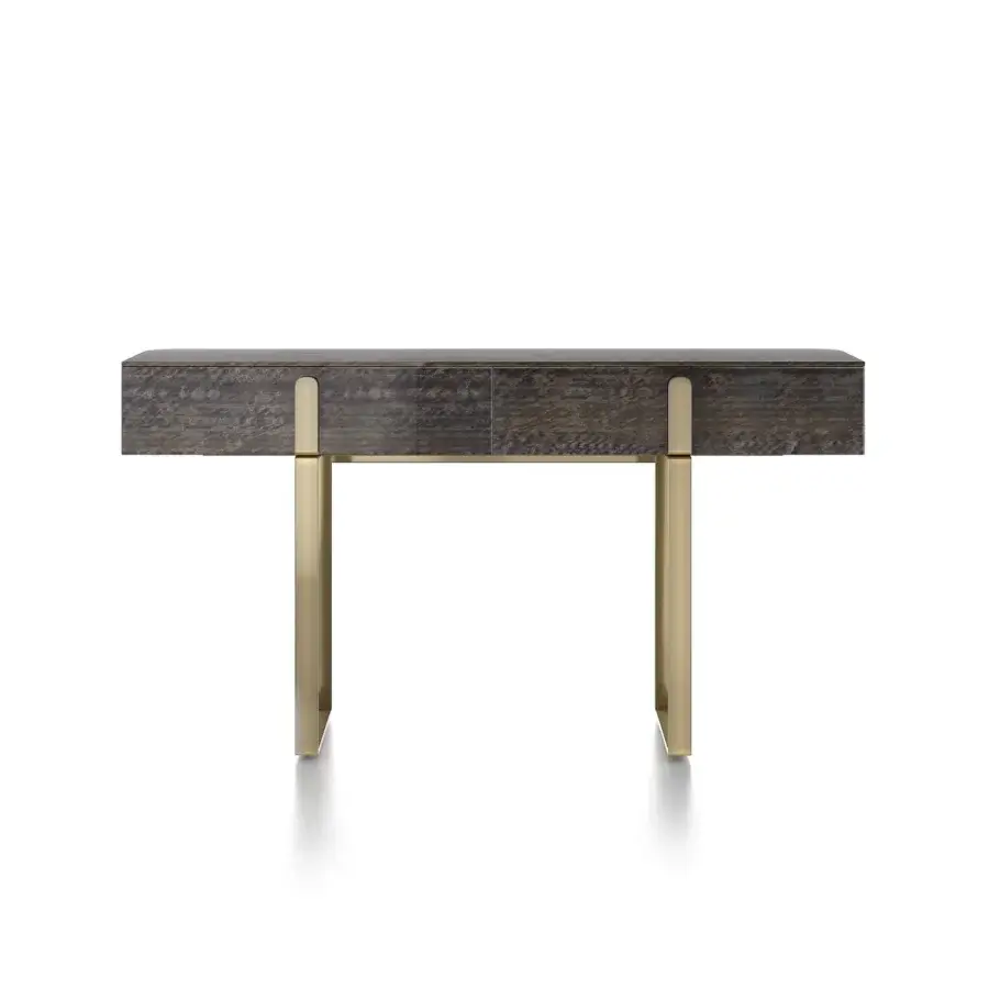 Exceptional Capital Grand console crafted in dark brown solid wood with polished golden metal legs and drawer pulls with matte finish