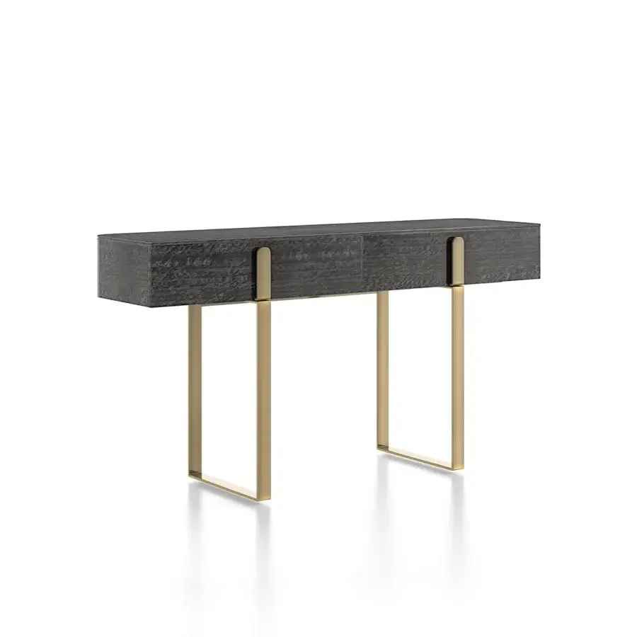 Distinguished Capital Grand console crafted in dark gray matte-toned solid wood with recessed metallic pulls and golden U-shaped legs