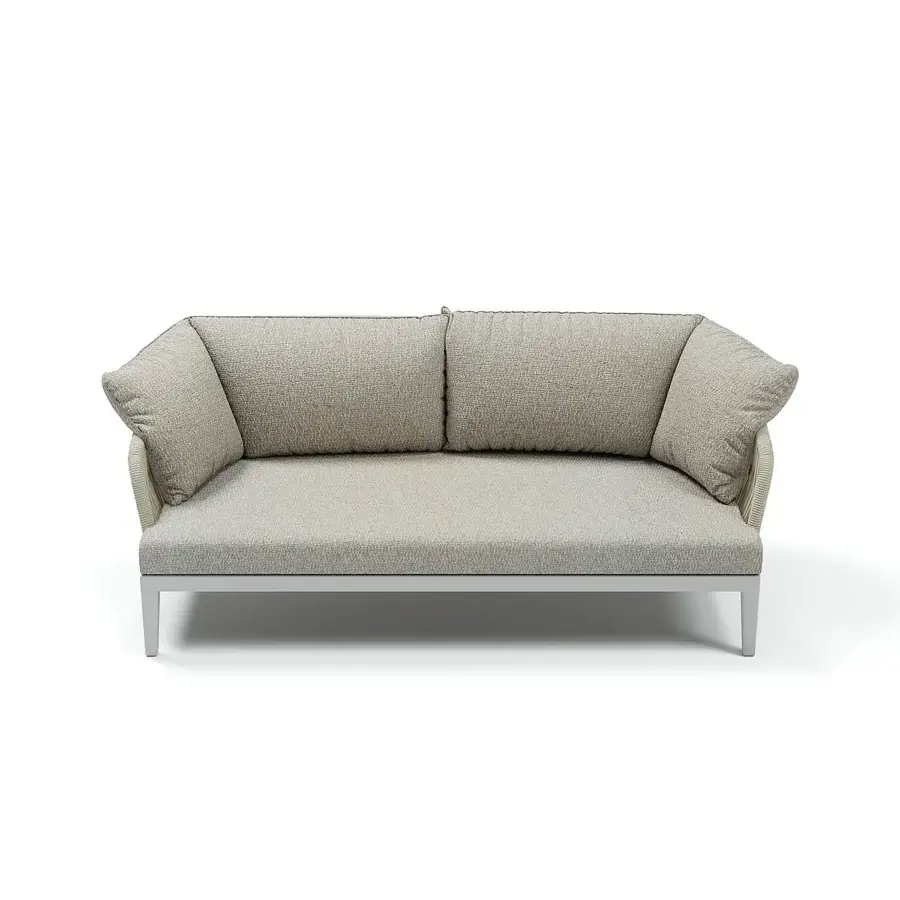 Exceptional Atmosphera Dream 2.0 sofa built with tactile neutral gray textile and hand-woven round rope detail