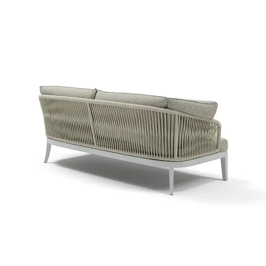Refined Atmosphera Dream 2.0 sofa with light beige hand-woven rope and textured seat cushions built with a light gray matte metal frame