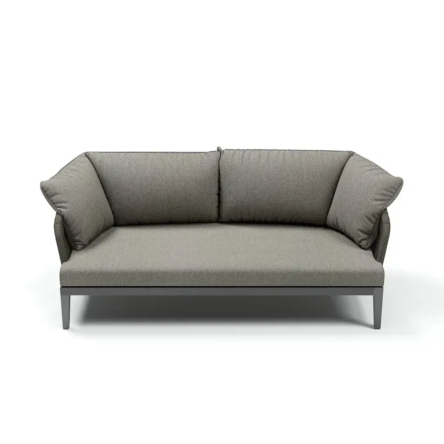 Elegant Atmosphera Dream 2.0 sofa with tactile weather-resistant textile and hand-woven rope backrest in neutral gray